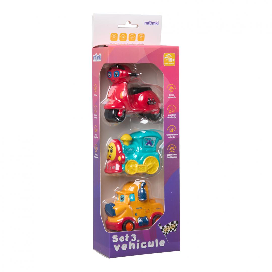 SET 3 VEHICULE ACTIONATE PRIN INERTIE- MASINUTA GALBENA, SCUTER ROSU, - imagine 4