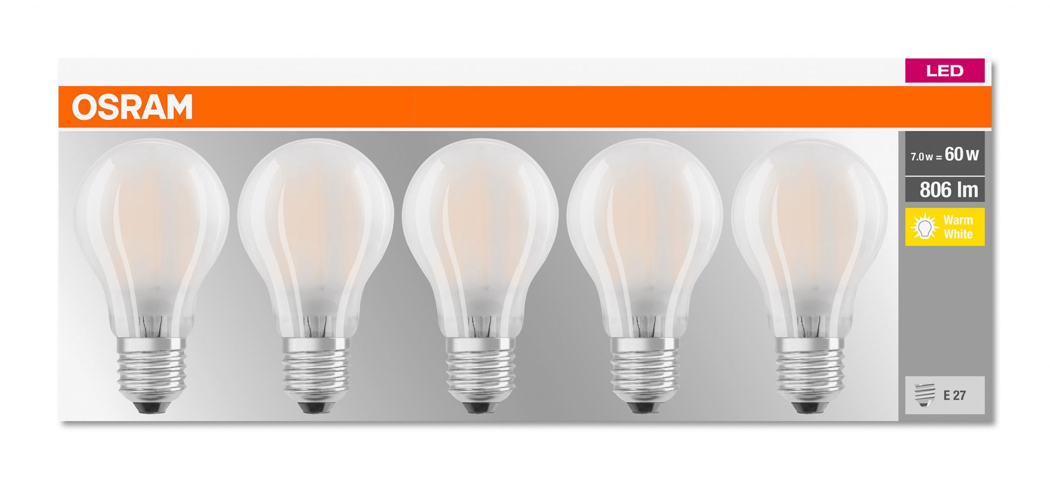 5 Becuri LED Osram Base Classic A, E27, 7W (60W),