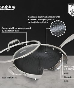 TIGAIE WOK INOX + CAPAC STICLA 30x8.5 CM, 4.5L, TITANIUM3, - imagine 6